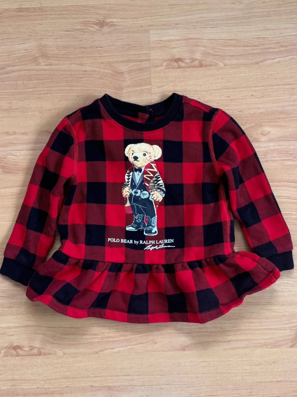Polo Bear Red & Black Buffalo Plaid Peplum Top with Black Leggings